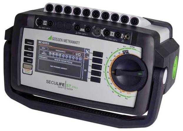 Draagbare Gossen Metrawatt SECULIFE ST Pro elektrische veiligheidstester met scherm, knoppen, poorten en grote draaiknop aan het voorpaneel.