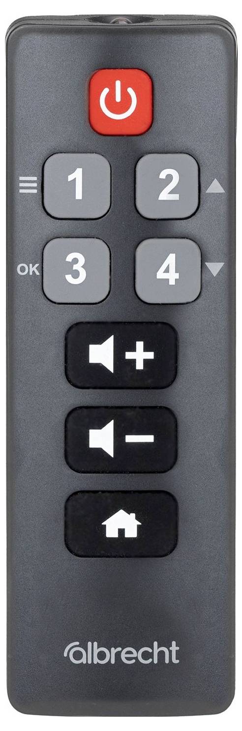 Close-up van een Albrecht afstandsbediening met aan/uitknop, genummerde knoppen 1-4, volume omhoog/omlaag, en thuisknop.