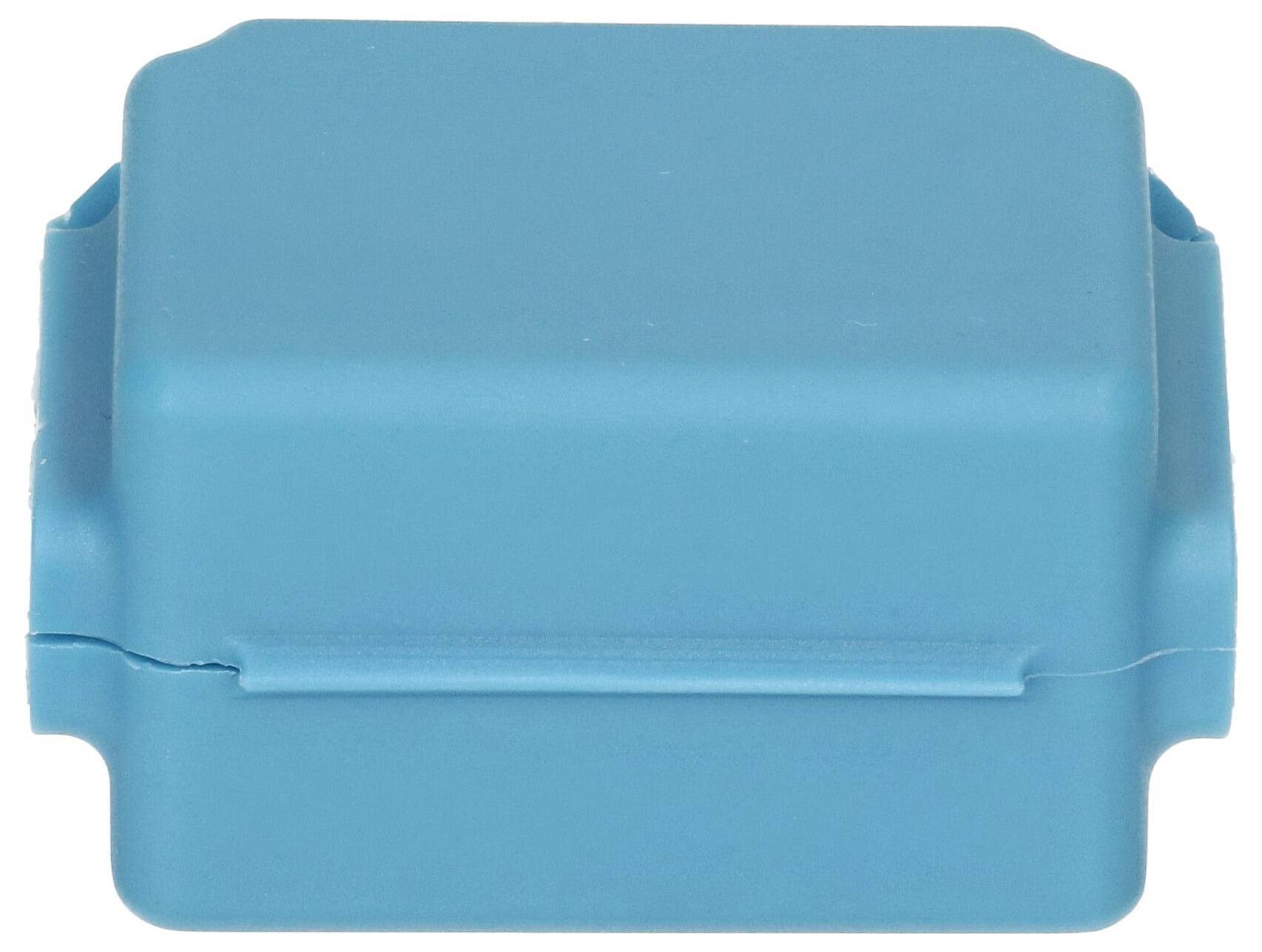 Blauwe rechthoekige kunststof container met afgeronde hoeken, geïsoleerd op een witte achtergrond weergegeven.