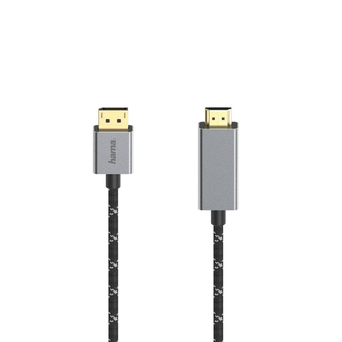 Twee HDMI-kabels met grijze connectoren en zwart gestreepte gevlochten snoeren, weergegeven naast elkaar op een witte achtergrond.