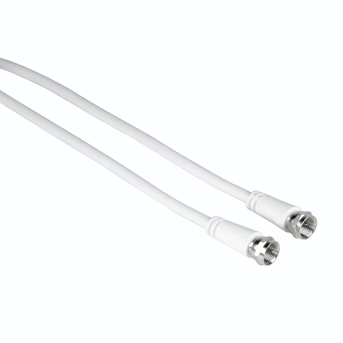 Twee witte coaxiale kabels met metalen schroefverbindingen op een effen achtergrond.