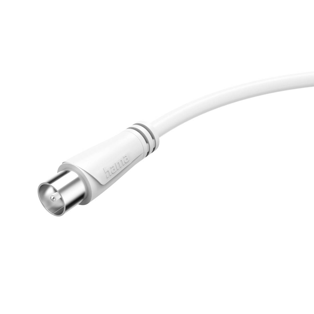 Witte coaxiale kabel met een metalen connectorstekker aan het uiteinde.