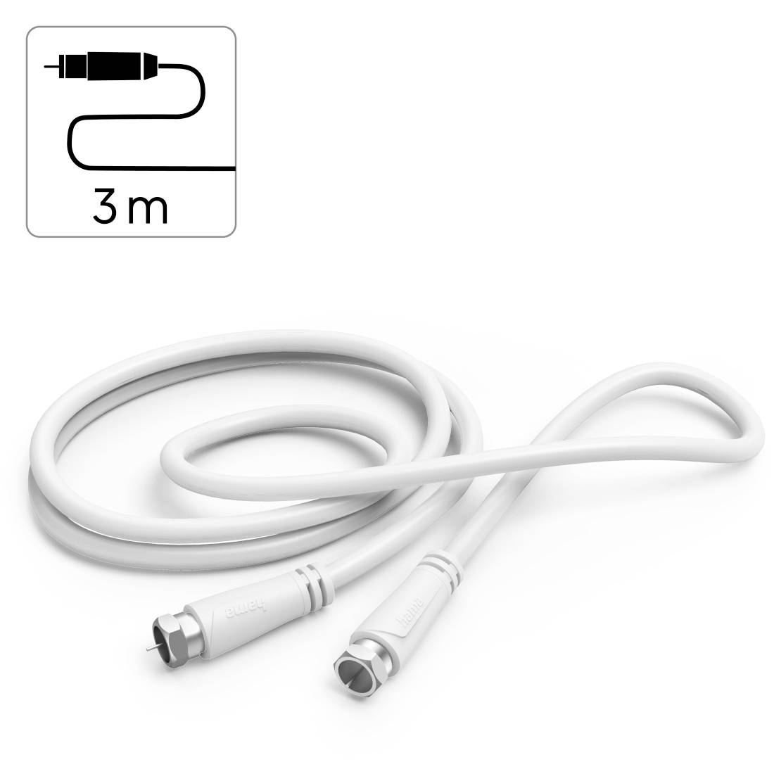 Witte 3-meter coaxiale kabel met metalen connectoren, getoond opgerold op een witte achtergrond.