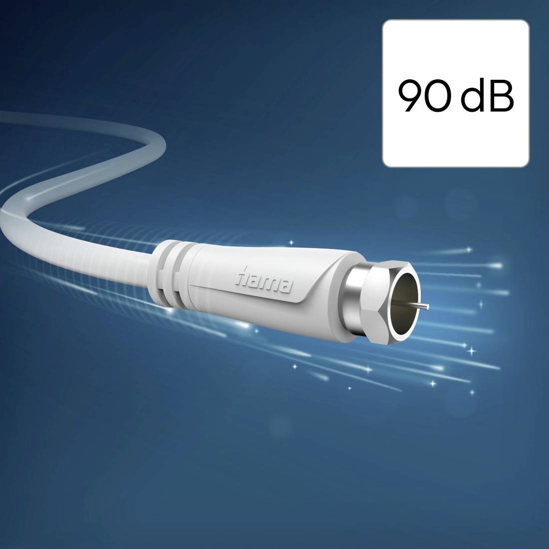 Witte kabelstekker met 'fame' branding en een 90 dB label, weergegeven tegen een blauwe achtergrond met bewegingssporen.