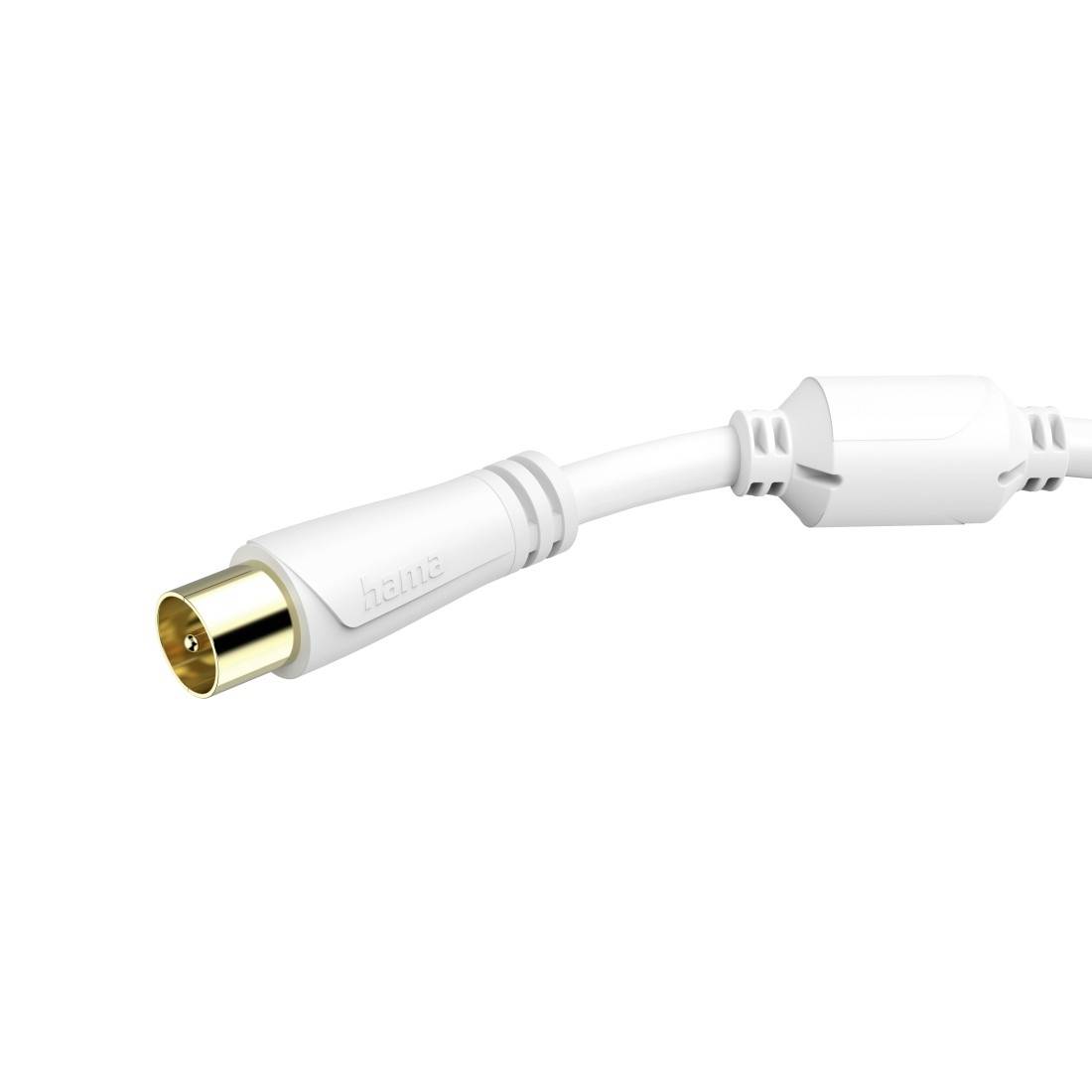 Witte coaxiale kabelconnector met goudgeplateerde mannelijke stekker op een witte achtergrond.