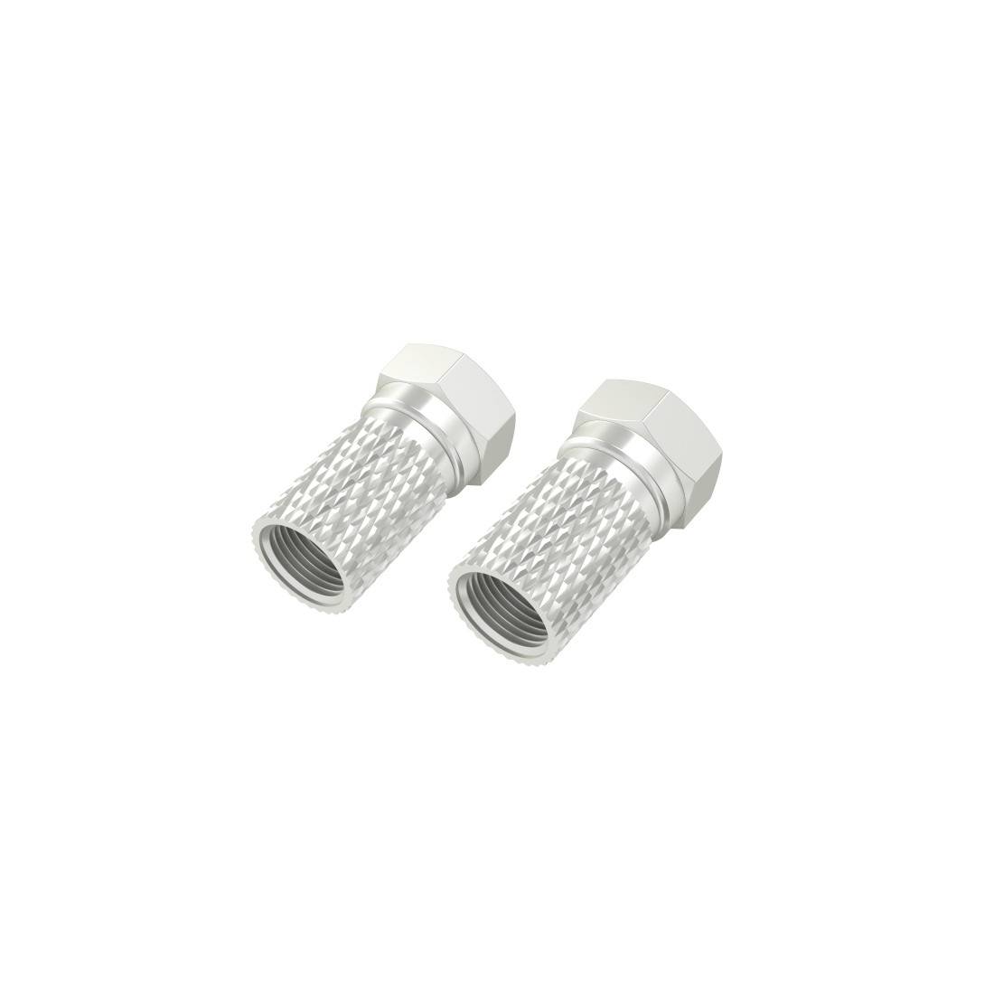 Twee zilveren metalen schroefdraadconnectoren met zeshoekige uiteinden, naast elkaar afgebeeld op een witte achtergrond.