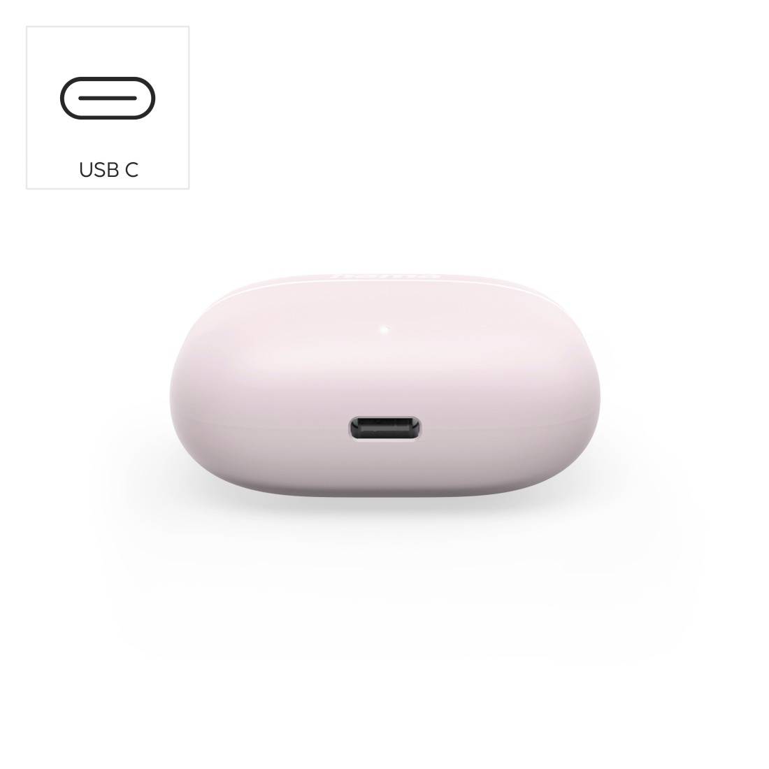 Roze oplaadcase weergegeven van voren met een USB-C-poort; ingevoegde pictogram labelt de poort als 'USB C'.