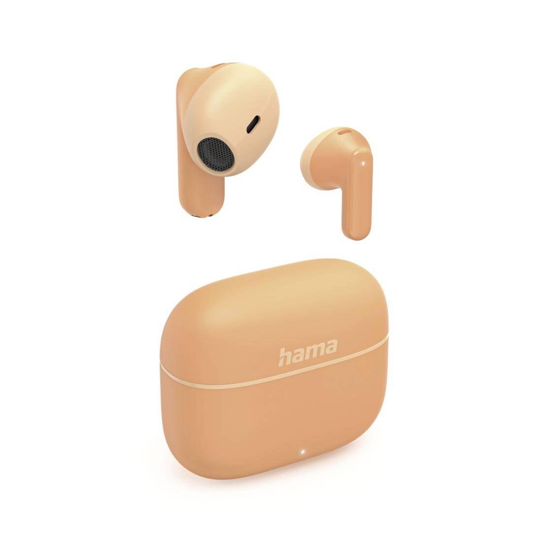 Beige draadloze oordopjes en oplaadcase met merk 'hama' op een witte achtergrond.