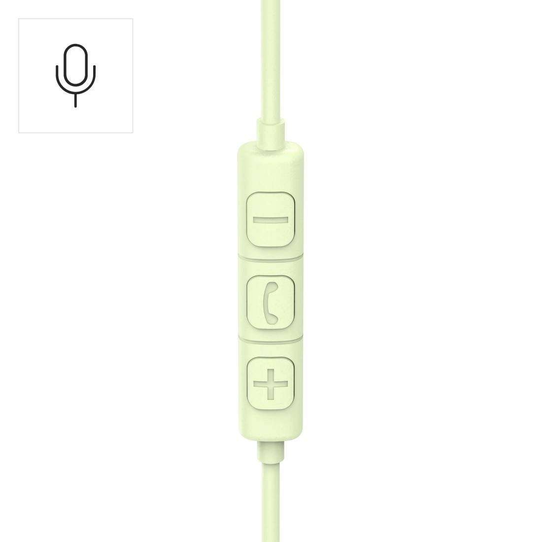 Mint-groen inline headset-afstandsbediening met drie knoppen: volume omlaag, bellen/microfoon, en volume omhoog, plus een microfoonpictogram ingelegd