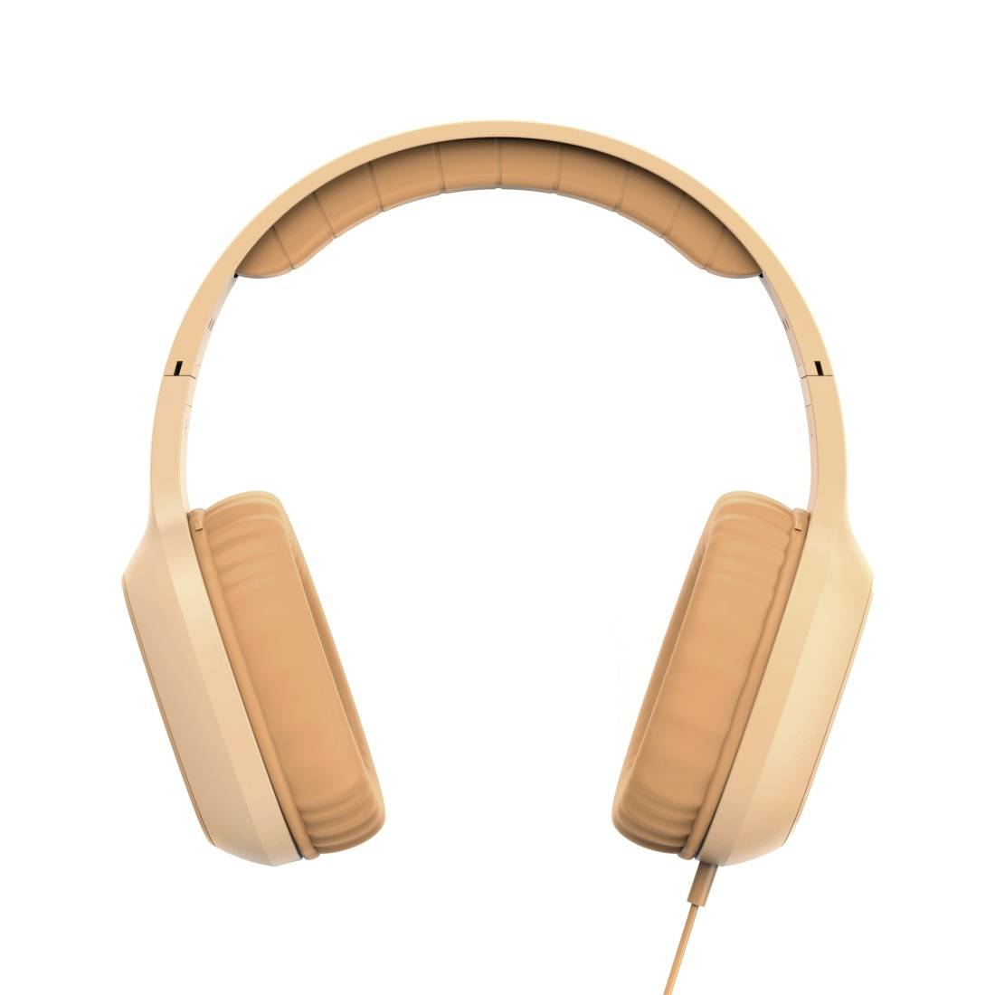 Beige over-ear koptelefoons met gevoerde oorkussens en hoofdband, weergegeven in frontaanzicht op een witte achtergrond.