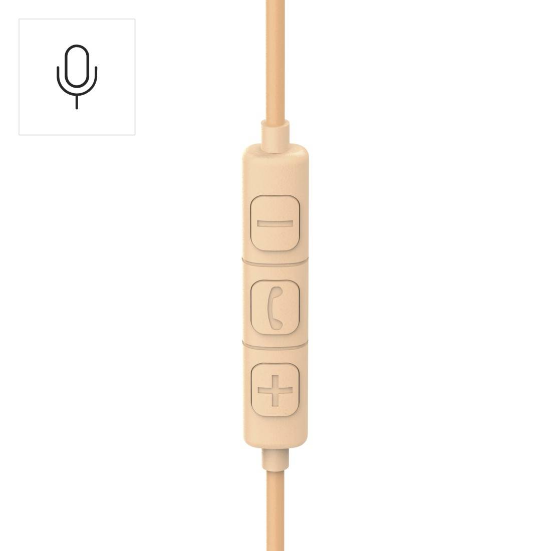 Beige in-line koptelefoonafstandsbediening met microfoonpictogram en volume-/belbknoppen op een kabel.