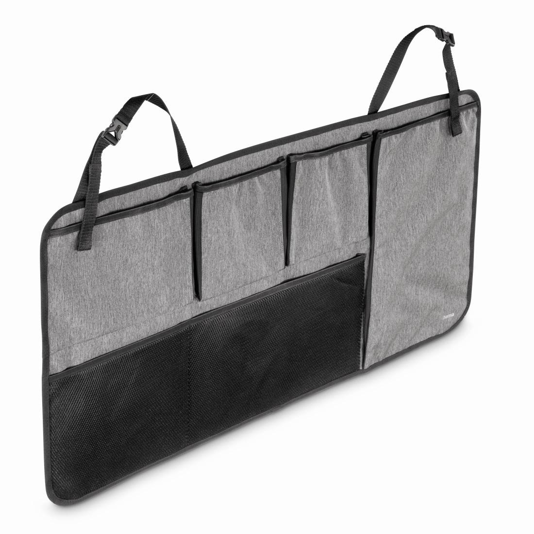 Grijze hangorganizer voor bagageruimte met meerdere zakken en verstelbare riemen voor autostoelbewaring