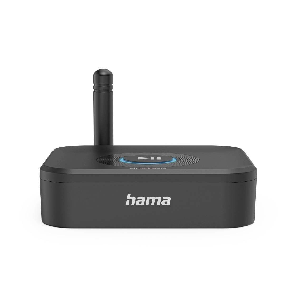 Zwarte Hama draadloze ontvangerkist met een enkele rechtopstaande antenne en aanraakbediening bovenop, weergegeven op een witte achtergrond.