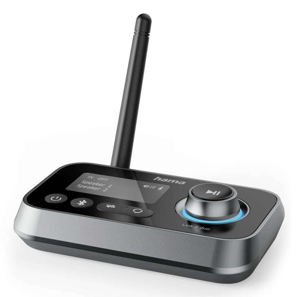 Draadloze audio-zender/ontvanger met antenne, display, vermogen- en Bluetooth-bedieningselementen, en een grote volumeregelaar