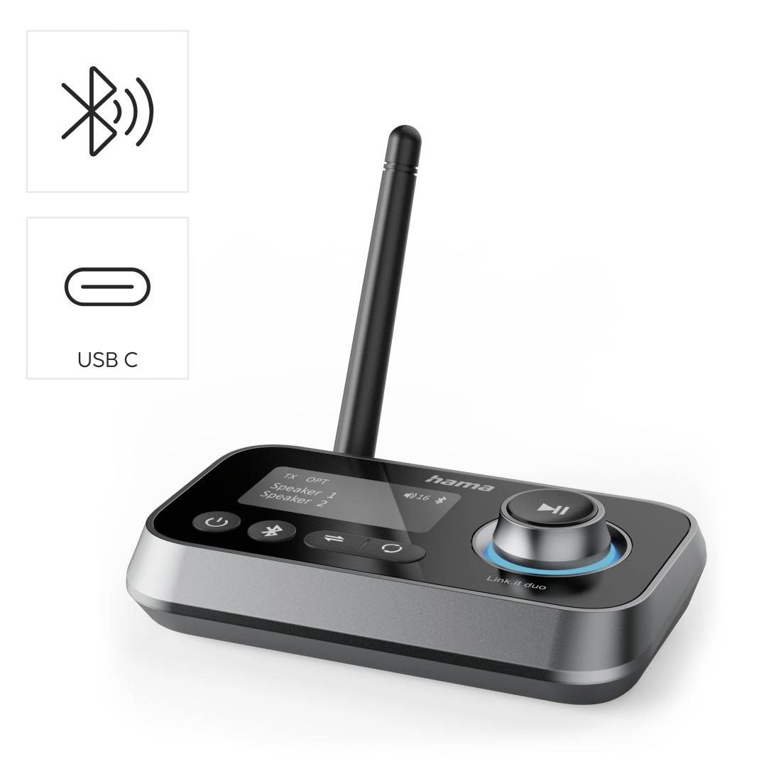 Draadloze Bluetooth- en USB-C audioontvanger/zender met antenne, display en bedieningsschijf op een compacte basis.