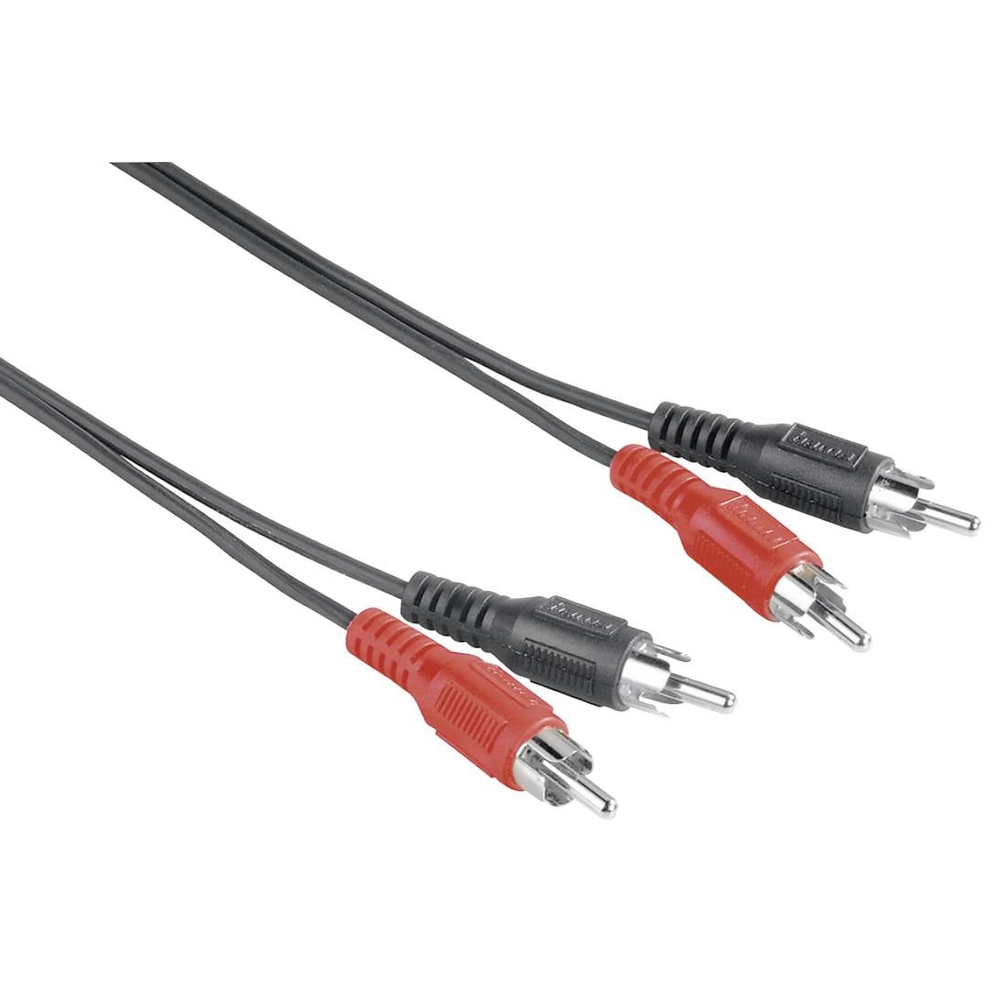 Twee paar rode en zwarte RCA-audiokabels met metalen connectoren op een witte achtergrond.