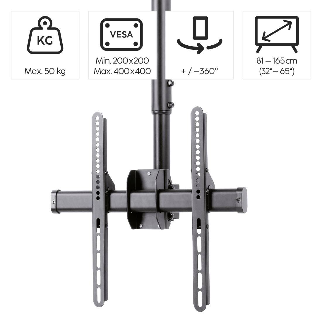Aan het plafond bevestigde TV-beugel met dubbele verticale rails; pictogrammen tonen maximaal 50 kg, VESA 200x200 tot 400x400, 360° rotatie, en 81-165 cm schermgrootte.