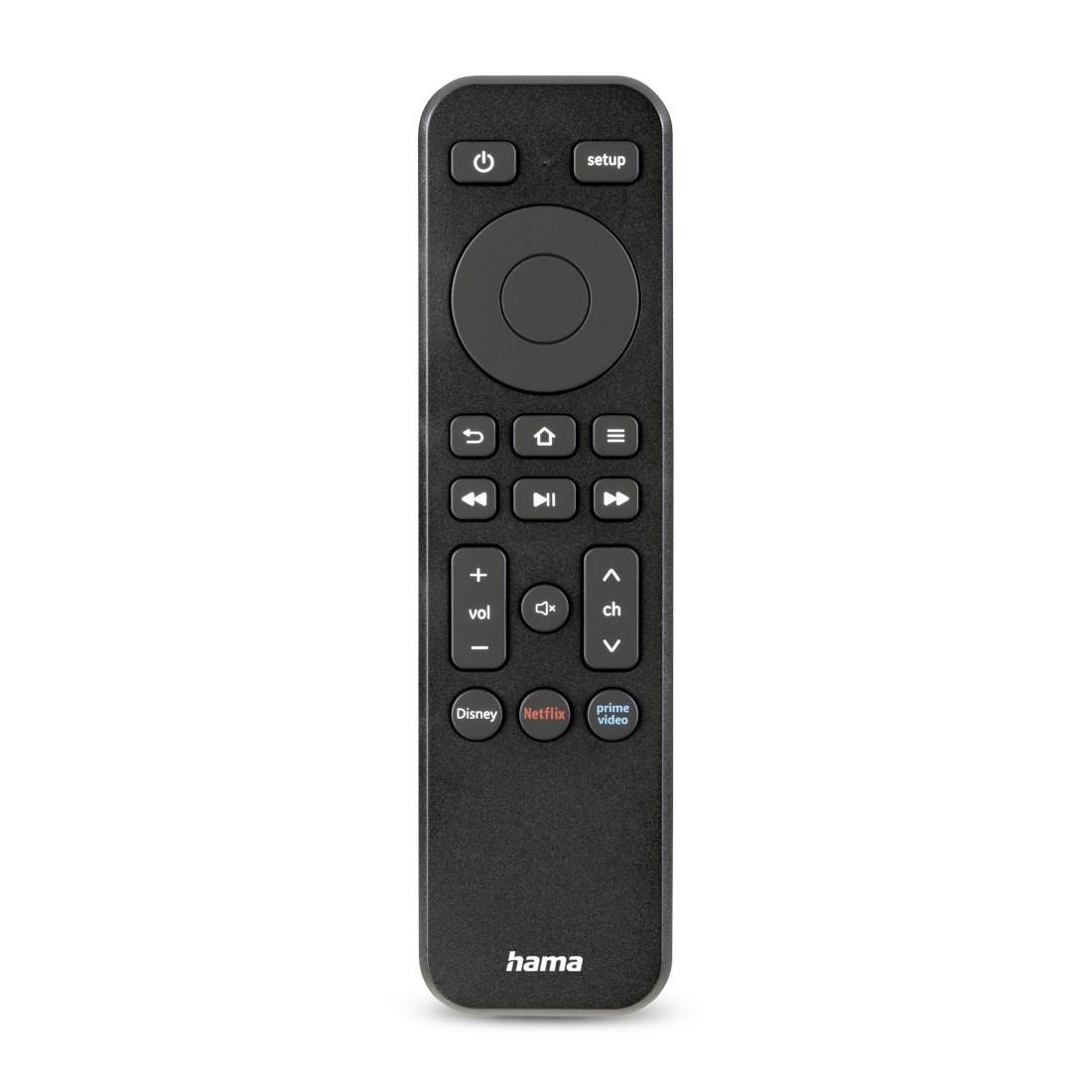 Zwarte Hama TV afstandsbediening met knoppen voor stroomvoorziening, instelling, navigatie, afspeling, volume, kanaal en streamingservices.