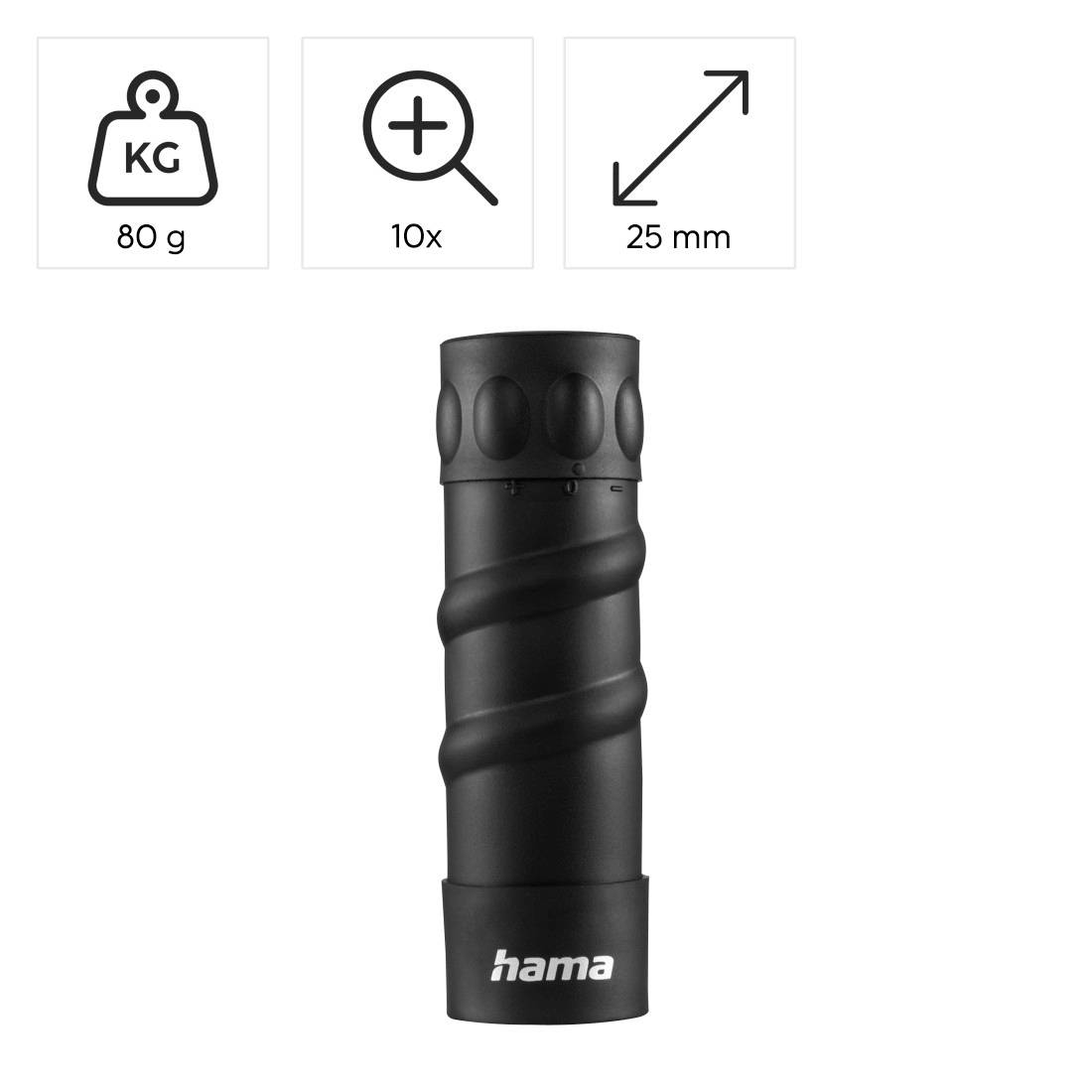 Zwart Hama cilindrisch accessoire weergegeven van voren, met pictogrammen die 80 g, 10x vergroting en 25 mm formaat aangeven.