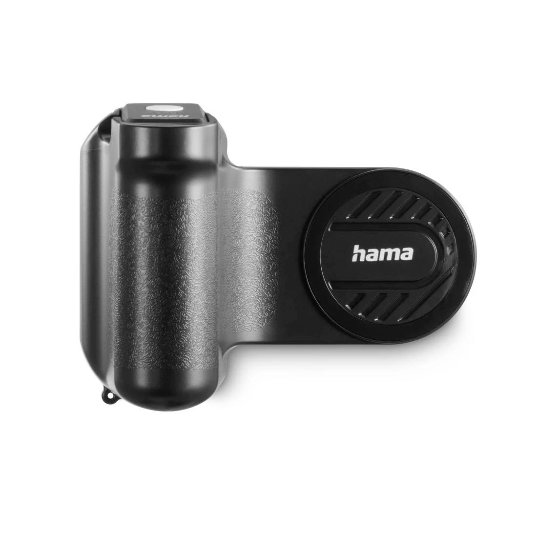 Zwarte Hama camera-lensbevestiging op een witte achtergrond, met een compact clip-on accessoire met een ronde lensbehuizing.