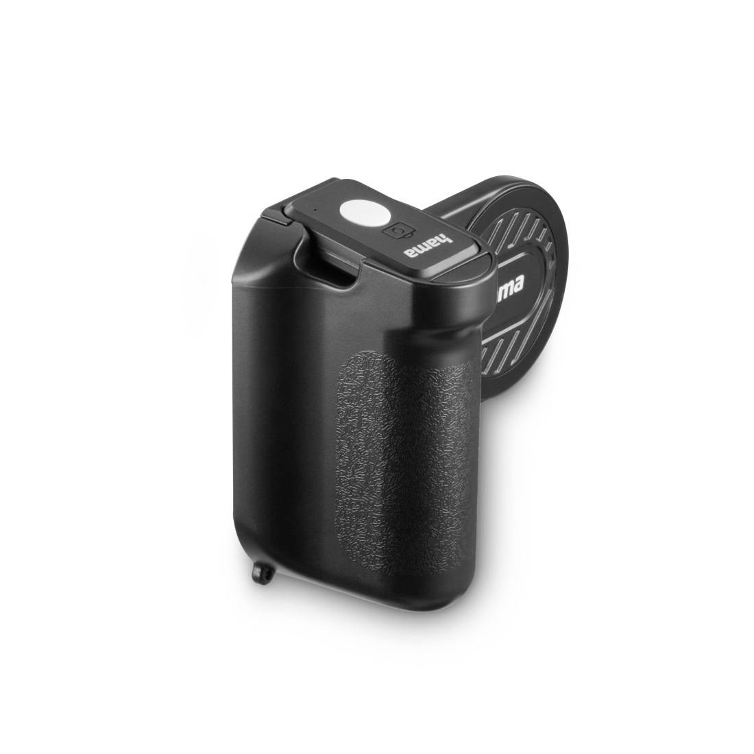 Zwarte cilindrische batterijpack met een aansluiting op het deksel en een aan elkaar bevestelde ronde kabelspoel, afgebeeld op een witte achtergrond.