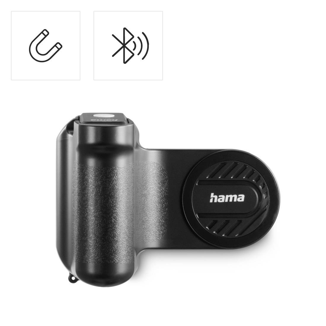 Zwart Hama smartphone fietshouder met magnetische houder; pictogrammen tonen magnetische bevestiging en Bluetooth-ondersteuning.