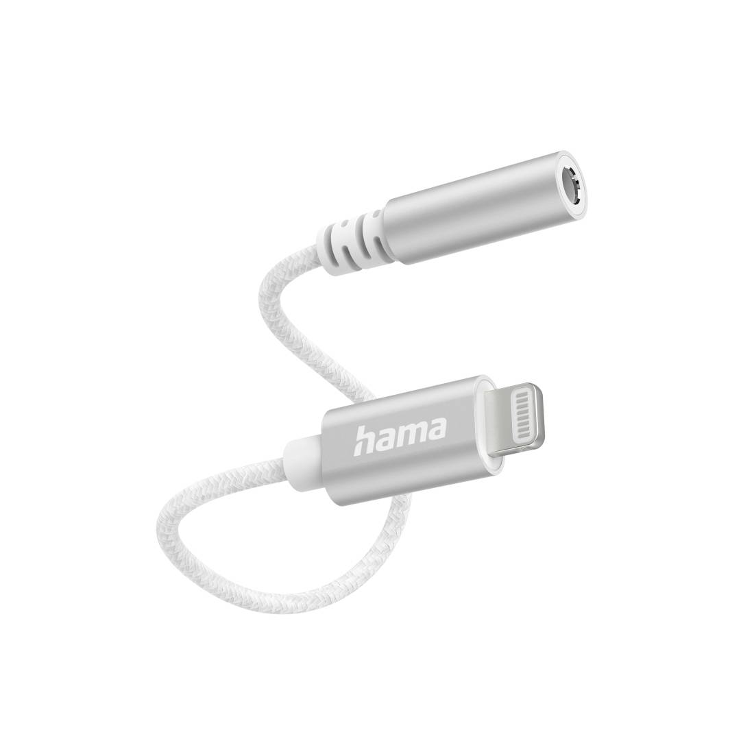 Witte Hama audio adapterkabel met 3,5 mm jackstekker en Lightning-connector op een neutrale achtergrond.