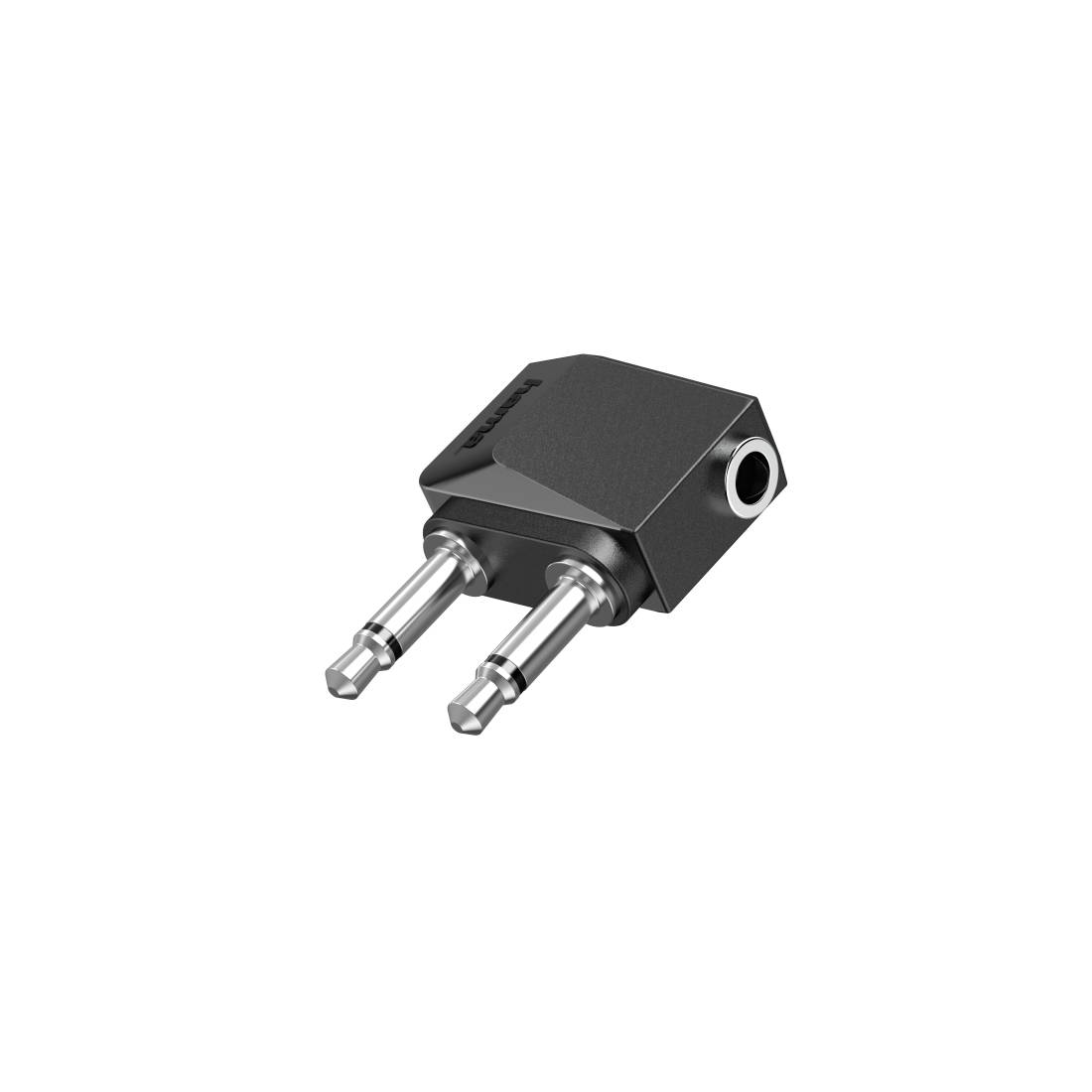 Zwarte audio-adapter met twee mannelijke stekkers en één vrouwelijke aansluiting op een witte achtergrond.