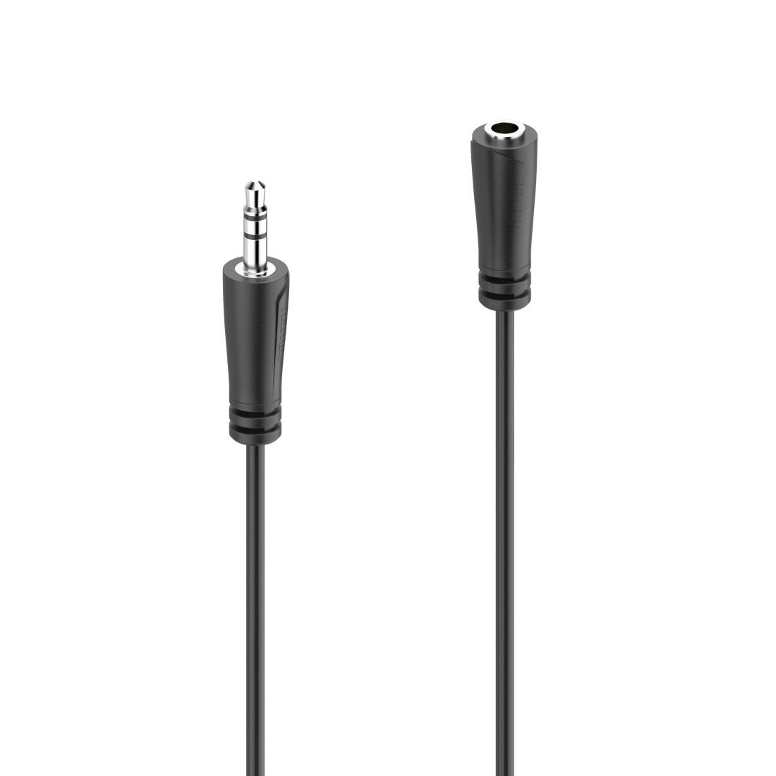 Zwarte 3,5 mm audiokabel met mannelijke stekker aan het ene uiteinde en vrouwelijke jack aan het andere uiteinde, getoond op een witte achtergrond.