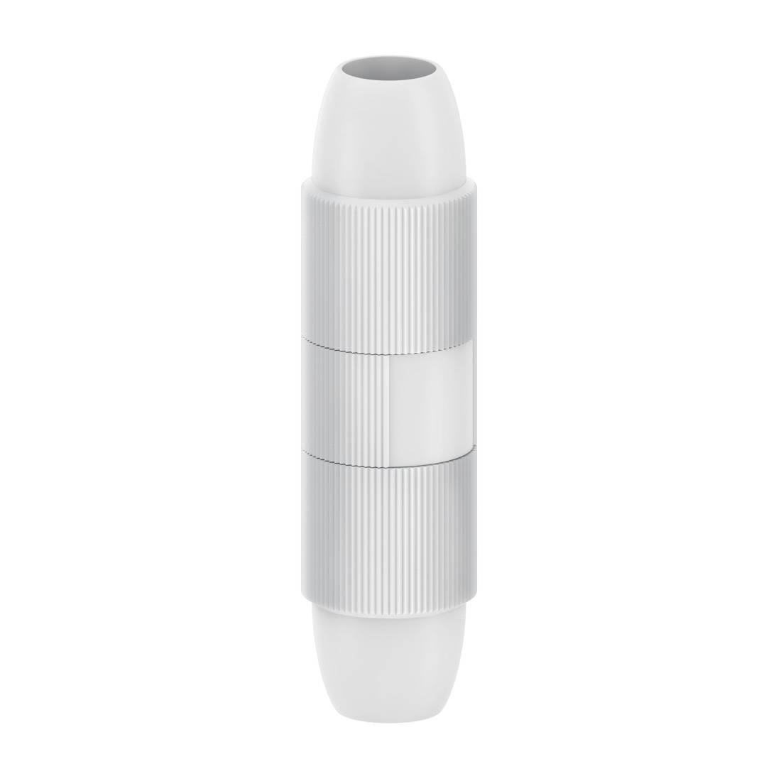 Witte cilindrische plastic container of dispenser met geribbelde grip en afgeronde dop op een effen achtergrond.