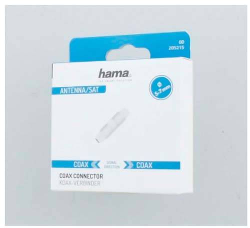 Pakket van Hama antenne/satelliet coaxiaalconnector, gelabeld met 'COAX CONNECTOR' en 'COAX', met een klein connectorafbeelding op de voorkant.