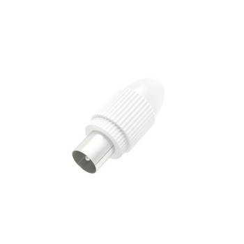 Witte coaxiale kabelconnectoradapter op een eenvoudige achtergrond.