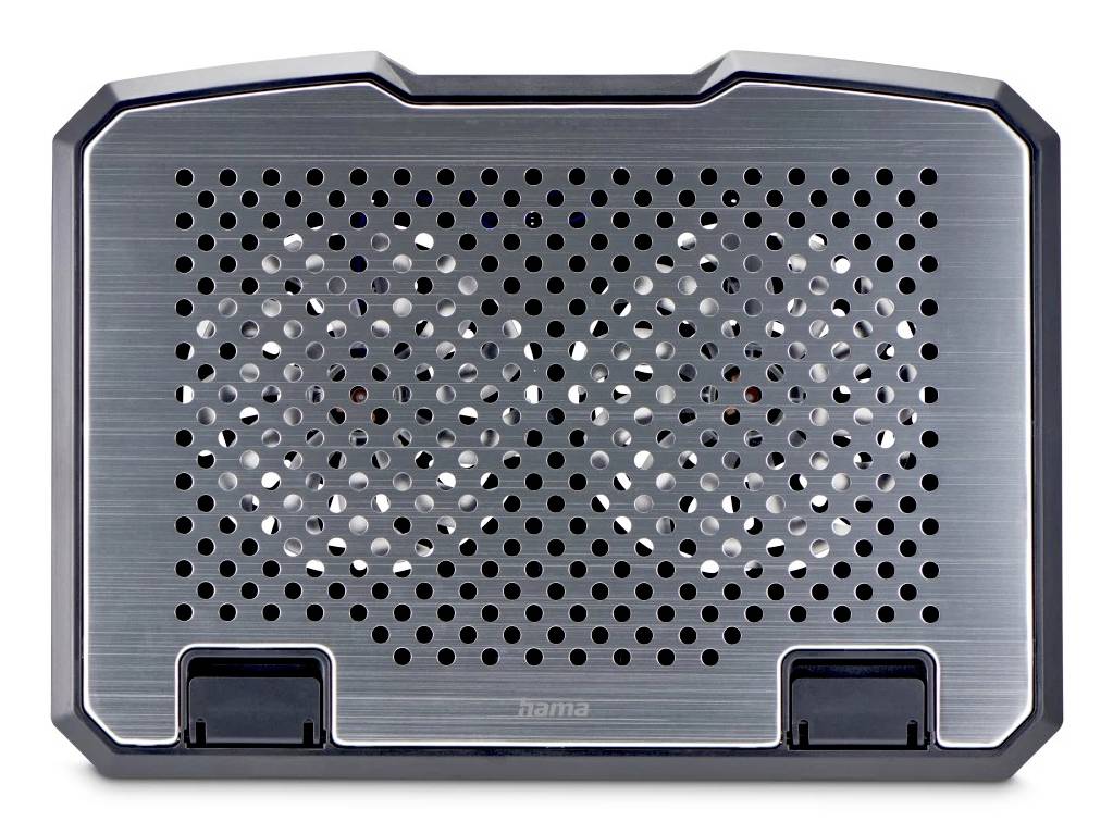 Zilveren laptopkoelingspad met twee zichtbare ventilatoren achter een gaasmetalen rooster en USB-poorten aan de voorzijde
