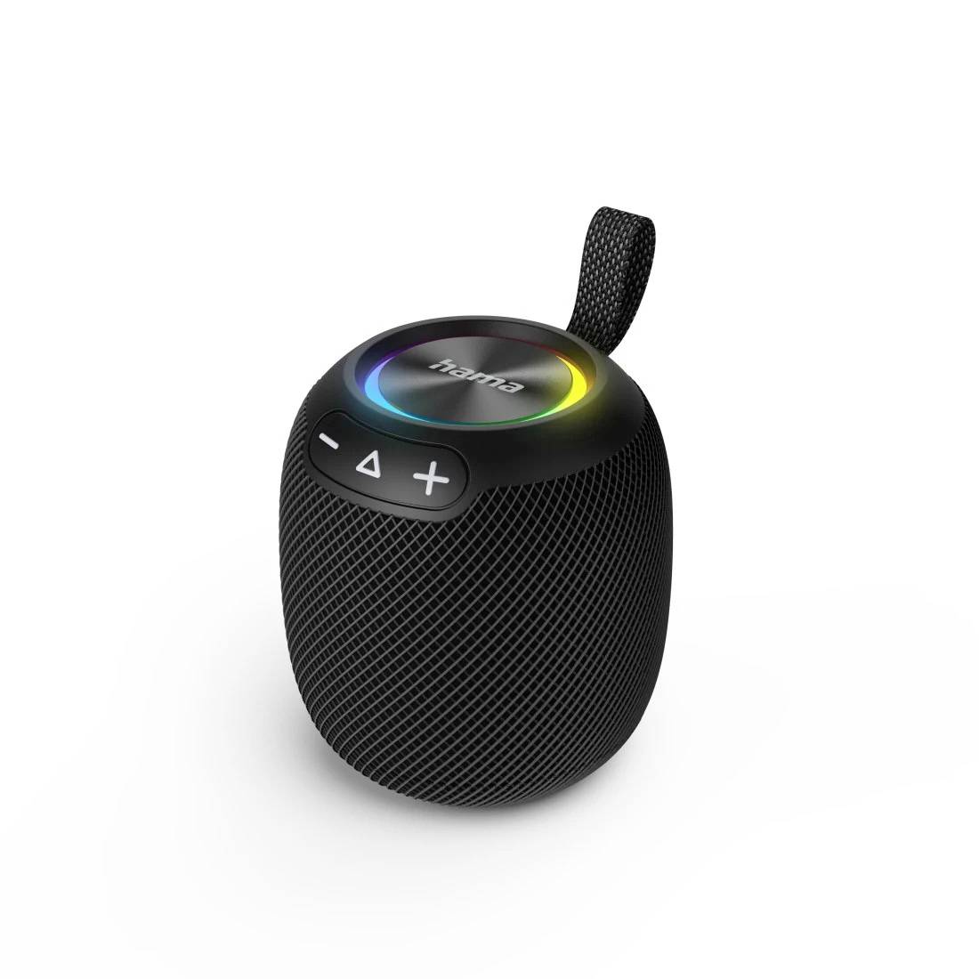 Zwarte draagbare Bluetooth-speaker met meshbehuizing, lusband en verlichte toetsenbediening aan de bovenkant.