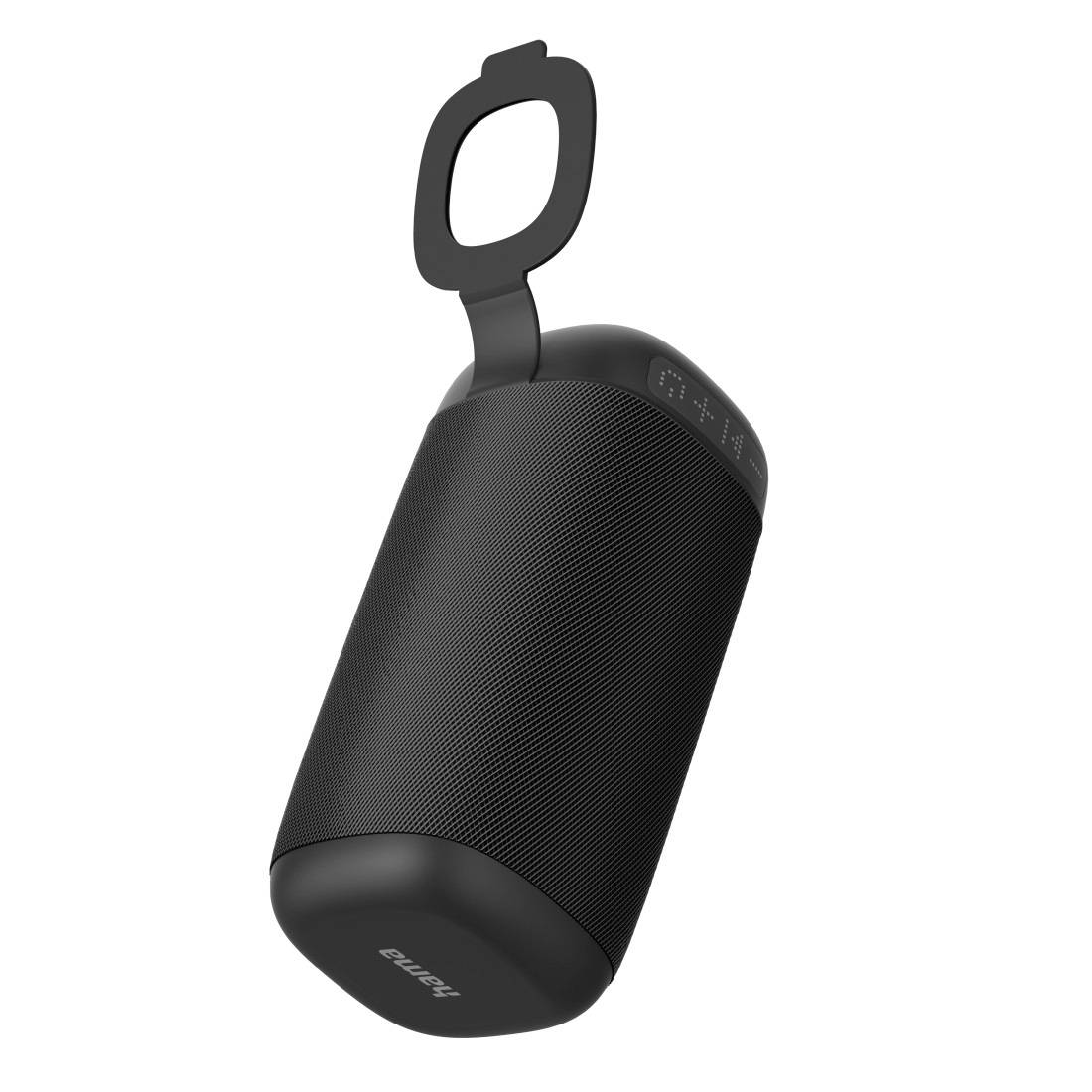 Zwarte draagbare Bluetooth-luidspreker met ingebouwde lusgrepen, weergegeven op een witte achtergrond.