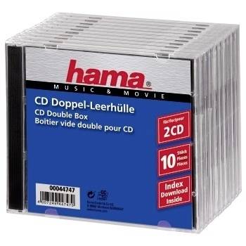 Pak van 10 Hama CD-dubbelboxen, transparante kunststof juwelendozen voor twee cd's, getoond in retailverpakking.