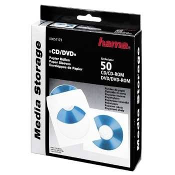 Hama Media Storage box van 50 papieren hoezen voor cd-/dvd-schijven, afgebeeld op productsverpakking.