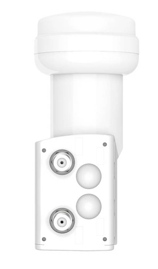 Wit cilindrisch apparaat met een grote bovenkast en frontpaneel met twee ronde connectoren en twee knoppen, weergegeven op een effen achtergrond.