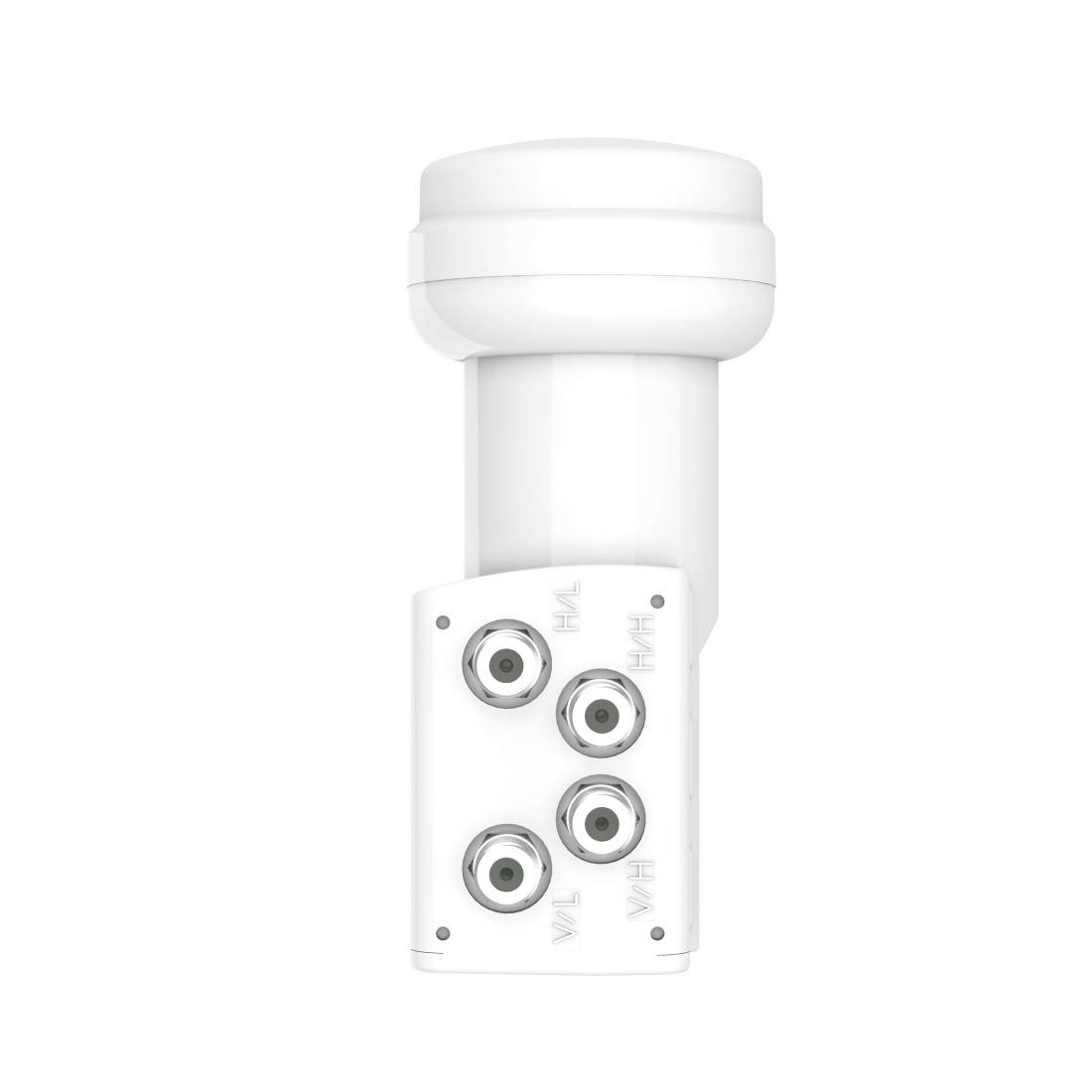 Witte satellietschotel LNB-voederhoorn met vier coaxiale uitgangspoorten op een effen achtergrond.