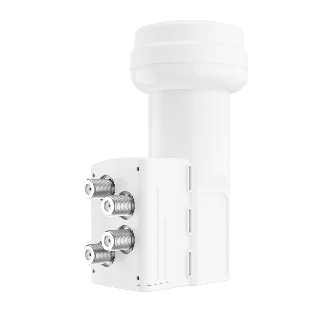 Witte satelliet-tv LNB met vier coaxiale connectoren op een cilindrische voedingsarm