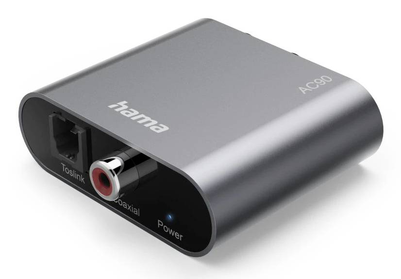Hama AC90 digitale audioconverter met Toslink- en coaxiale ingangen en een stroomindicatorlampje.
