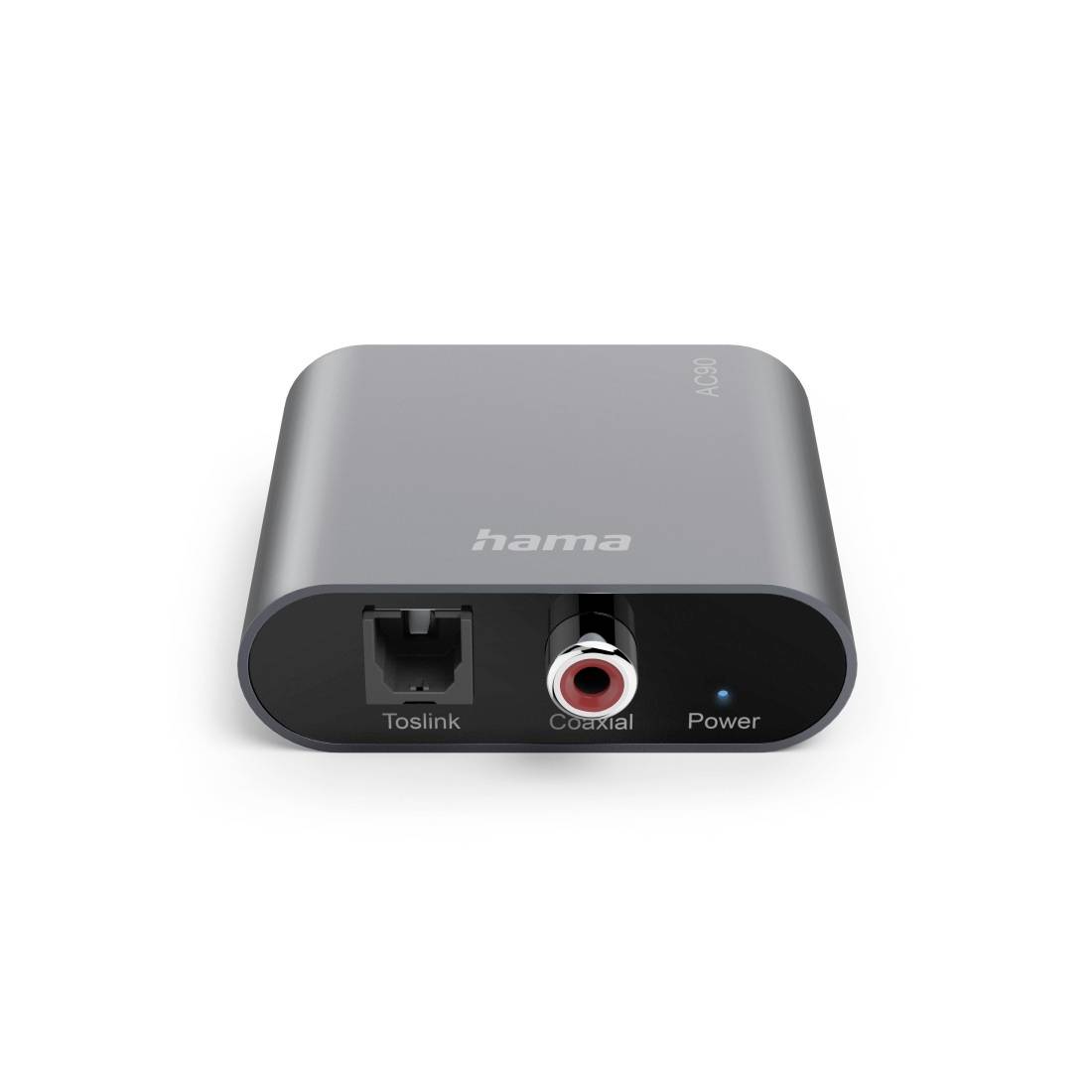 Hama digitale audioomzetter met Toslink en coaxiale ingangspoorten en een voedingsindicatorlampje.