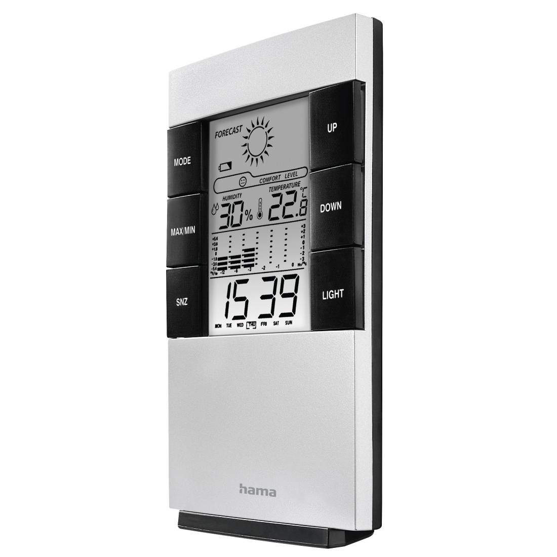 Digitaal weerstation klok met weersverwachting, luchtvochtigheid 30%, temperatuur 22,8°C, en tijd 15:39, met gelabelde knoppen voor modus, max/min, sluimering, licht, omhoog, en omlaag.