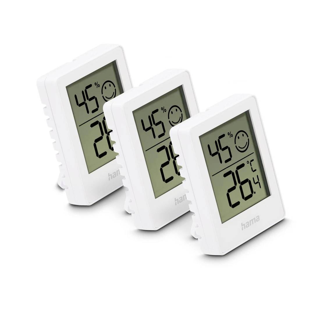 Drie witte digitale thermo-hygrometers met 45% luchtvochtigheid en 26°C weergegeven, met een blij comfortpictogram.