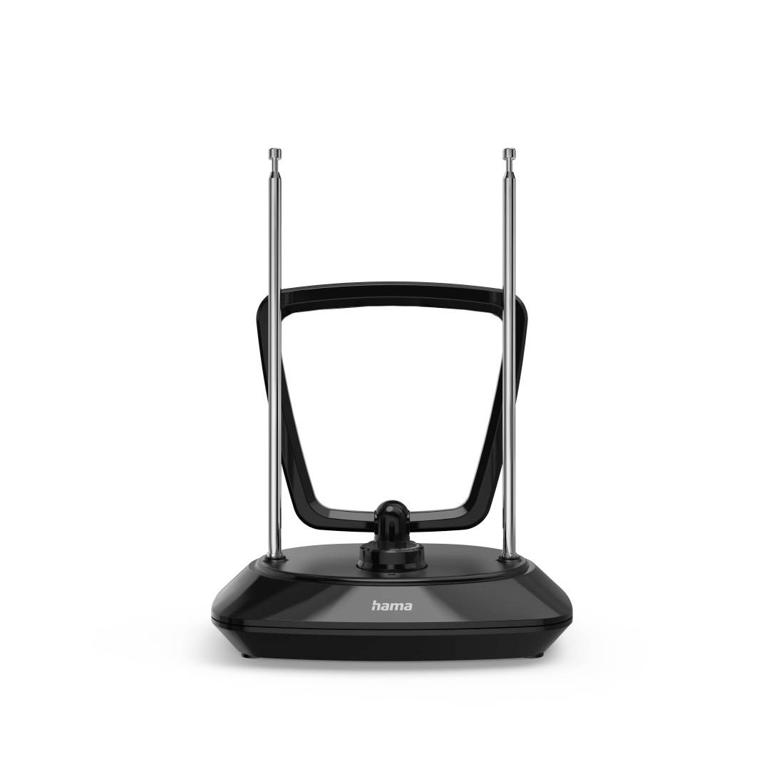 Zwarte binnenshuis TV-antenne met twee verticale metalen staven op een voet, gecentreerd op een witte achtergrond.