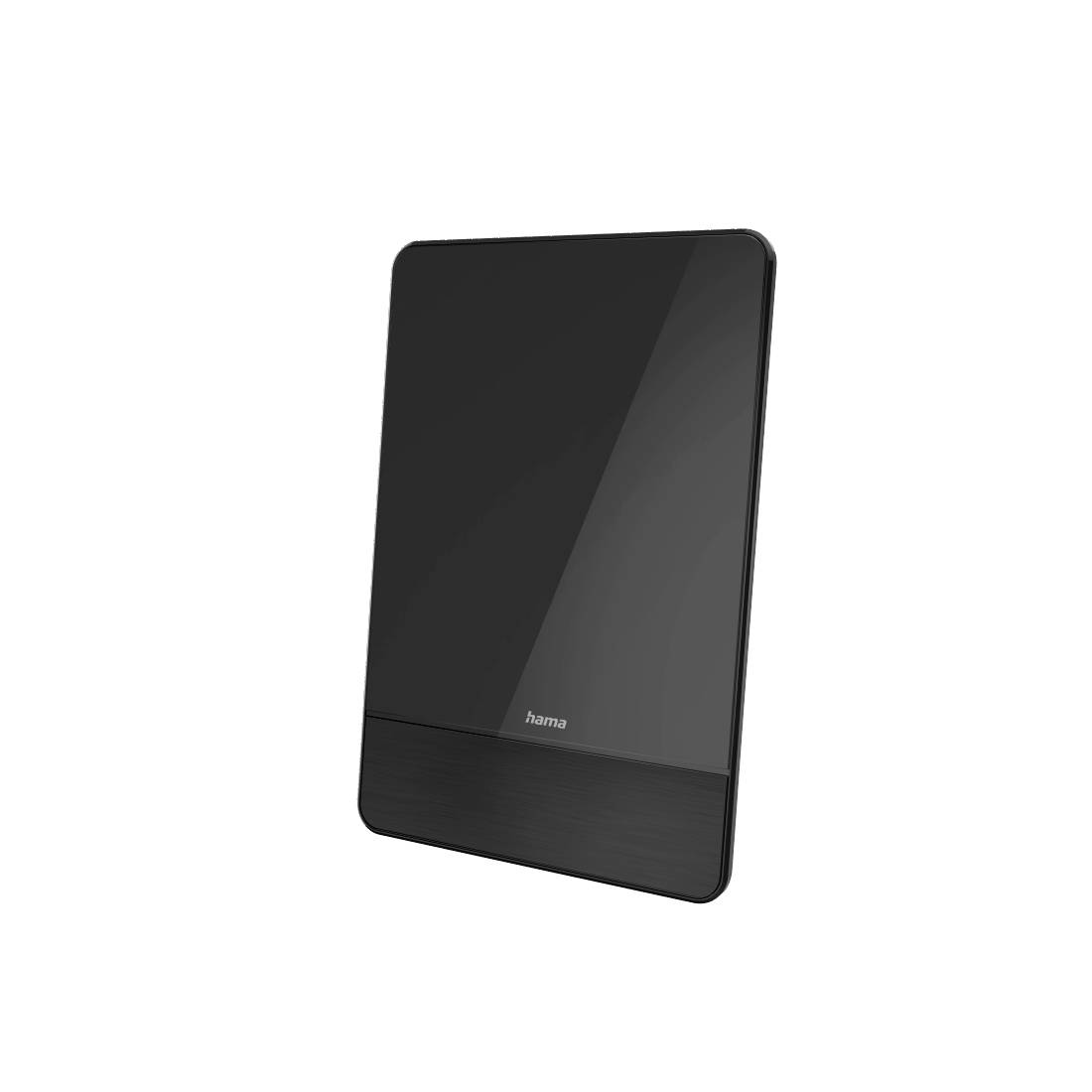 Zwarte Hama flat panel antenne staande op een witte achtergrond.