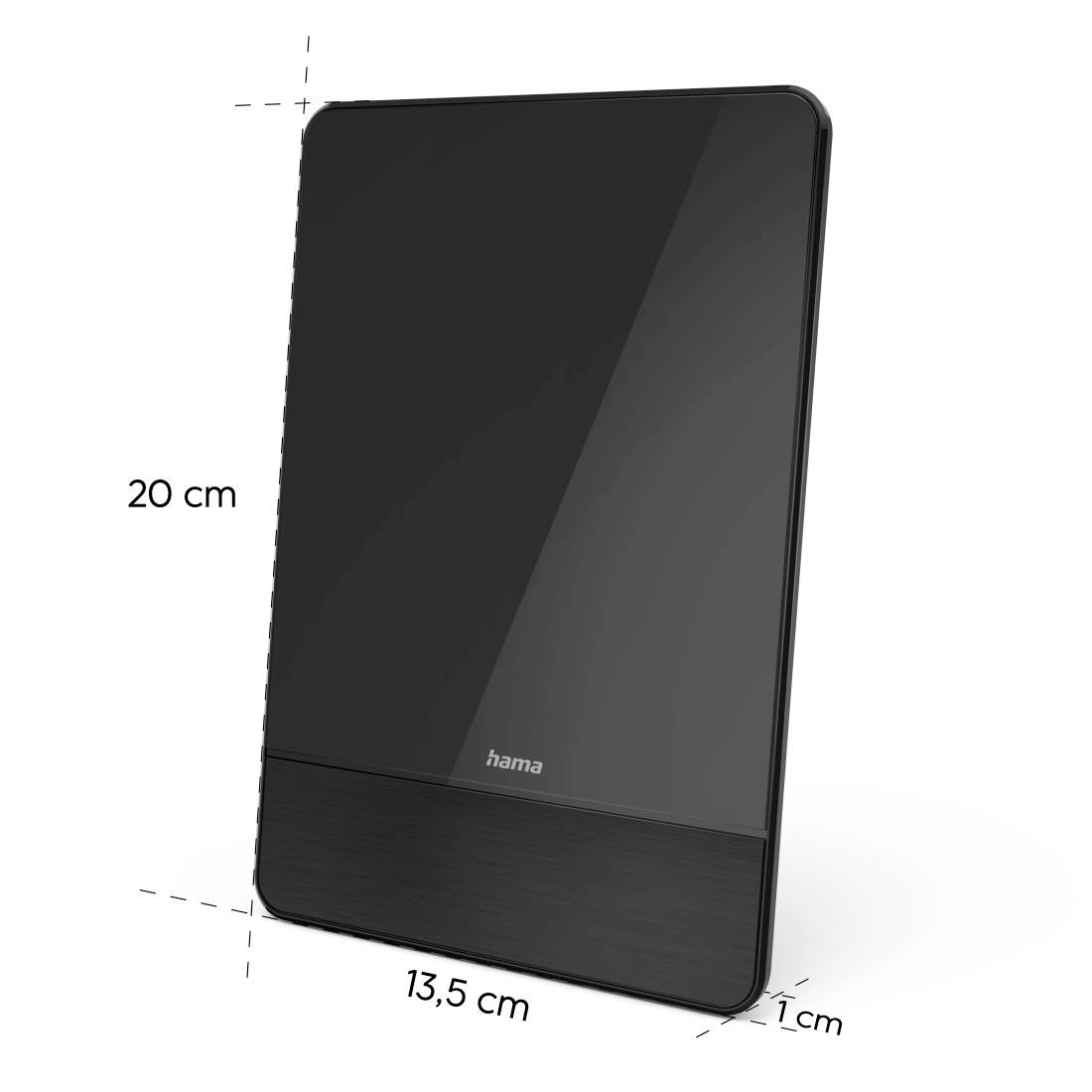 Zwart Hama tablet hoesje getoond van voren met afmetingen aangegeven: 20 cm hoog, 13,5 cm breed en 1 cm dik.