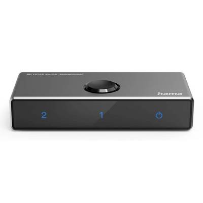 Compacte zwarte Hama 8K HDMI-schakelaar met een centrale draaiknop, voorkant display met weergave van ingangen 1 en 2, en een voedingspictogram
