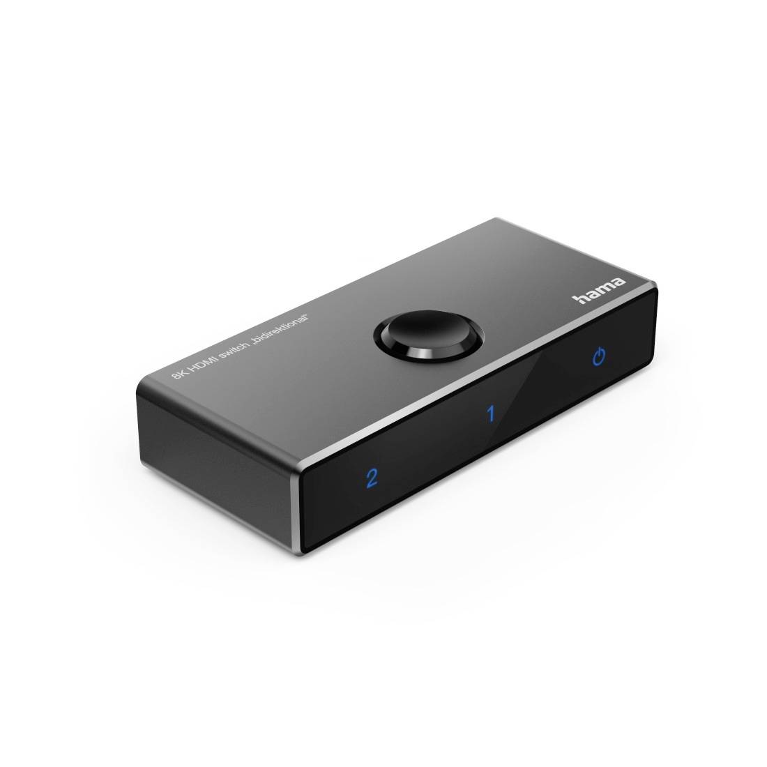 Zwarte Hama 2x1 HDMI-schakelaar met een centrale knop en blauwe invoer-indicatoren 1 en 2 op het frontpaneel.