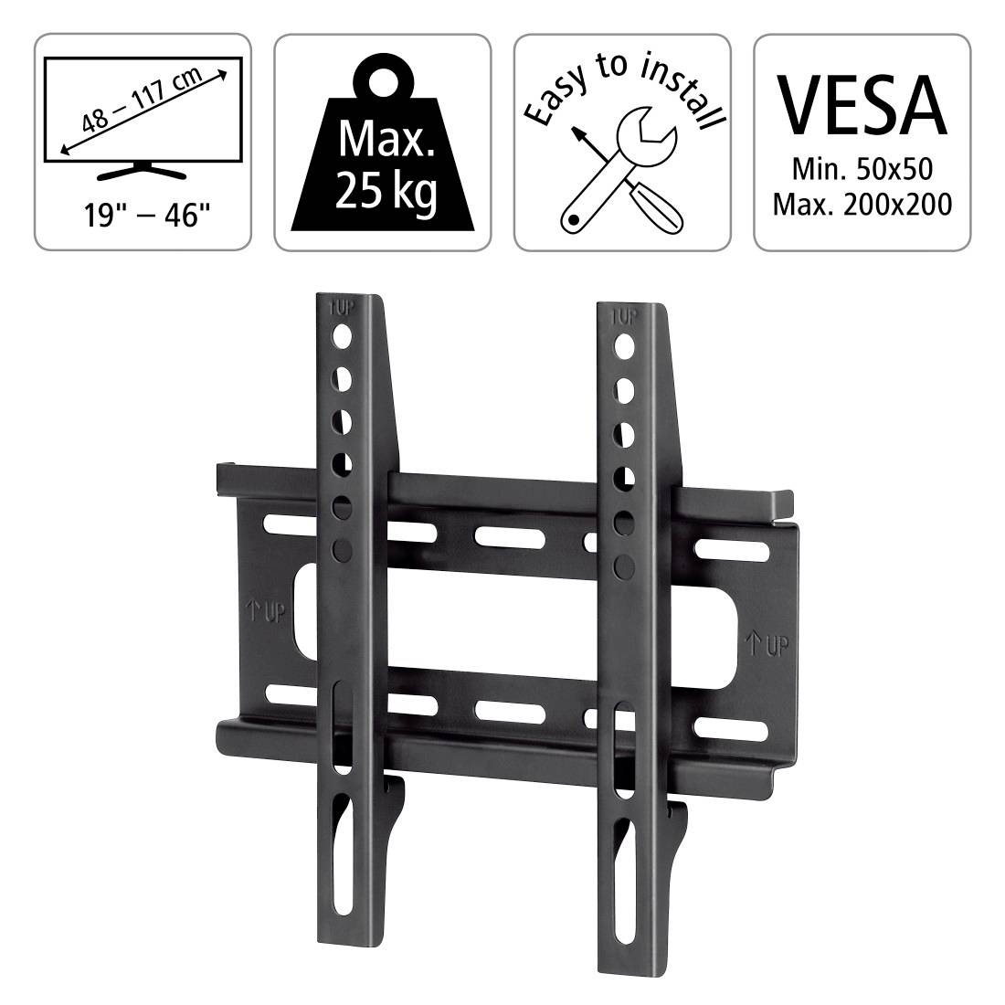 Wandmontage TV-beugel met pictogrammen voor 19-46 inch TV's, maximaal 25 kg, eenvoudige installatie en VESA 50x50 tot 200x200 compatibiliteit.